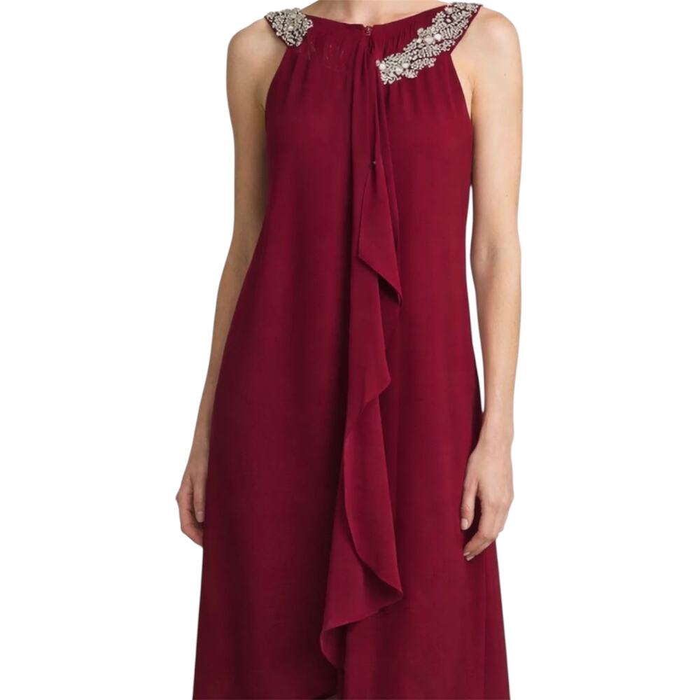 Cache Cocktail Dress Sleeveless Beaded Neck Ruffle Over Lay Fuschia Pink 4